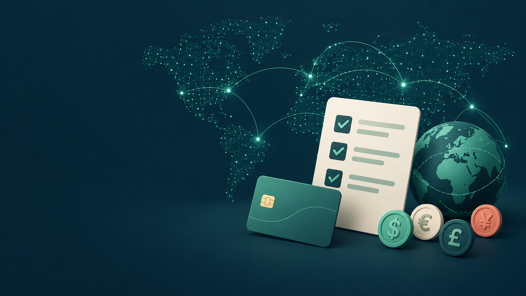 A checklist, card and connected globe represent separate eligibility checks.