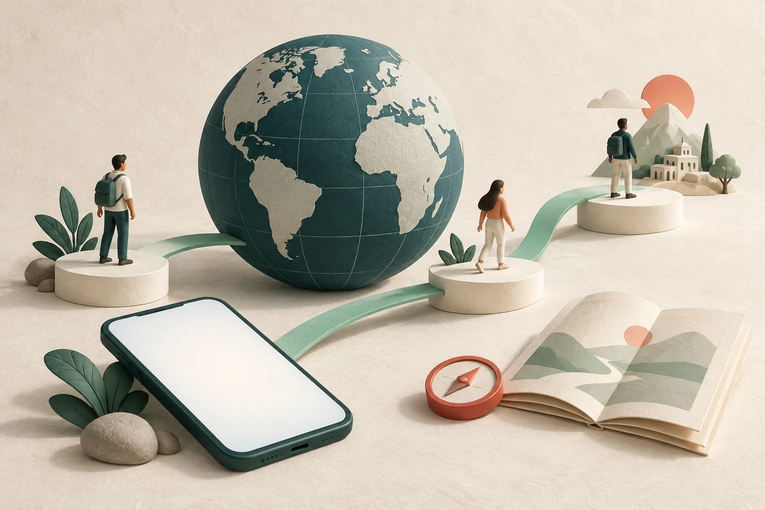 A globe, guidebook and connected paths illustrate learning about digital payments.