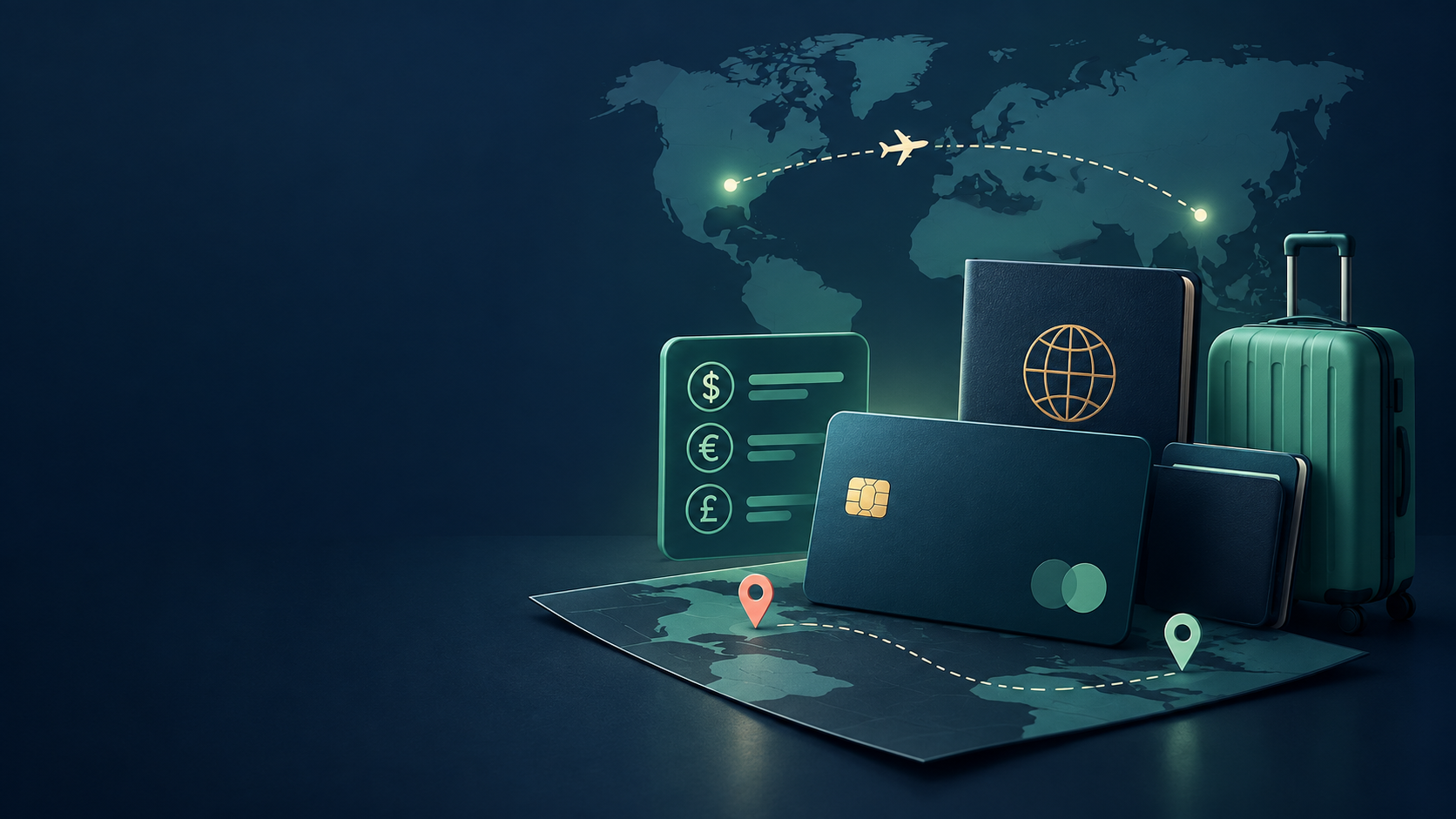 A travel card, passport, route map, and backup wallet illustrate a careful overseas payment plan.
