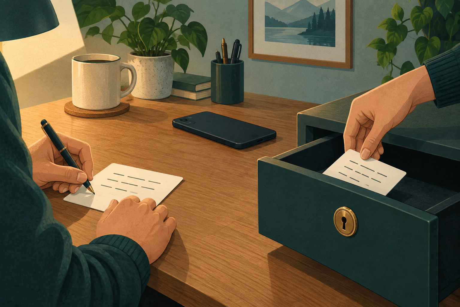 Editorial illustration of a recovery backup being written offline and stored securely
