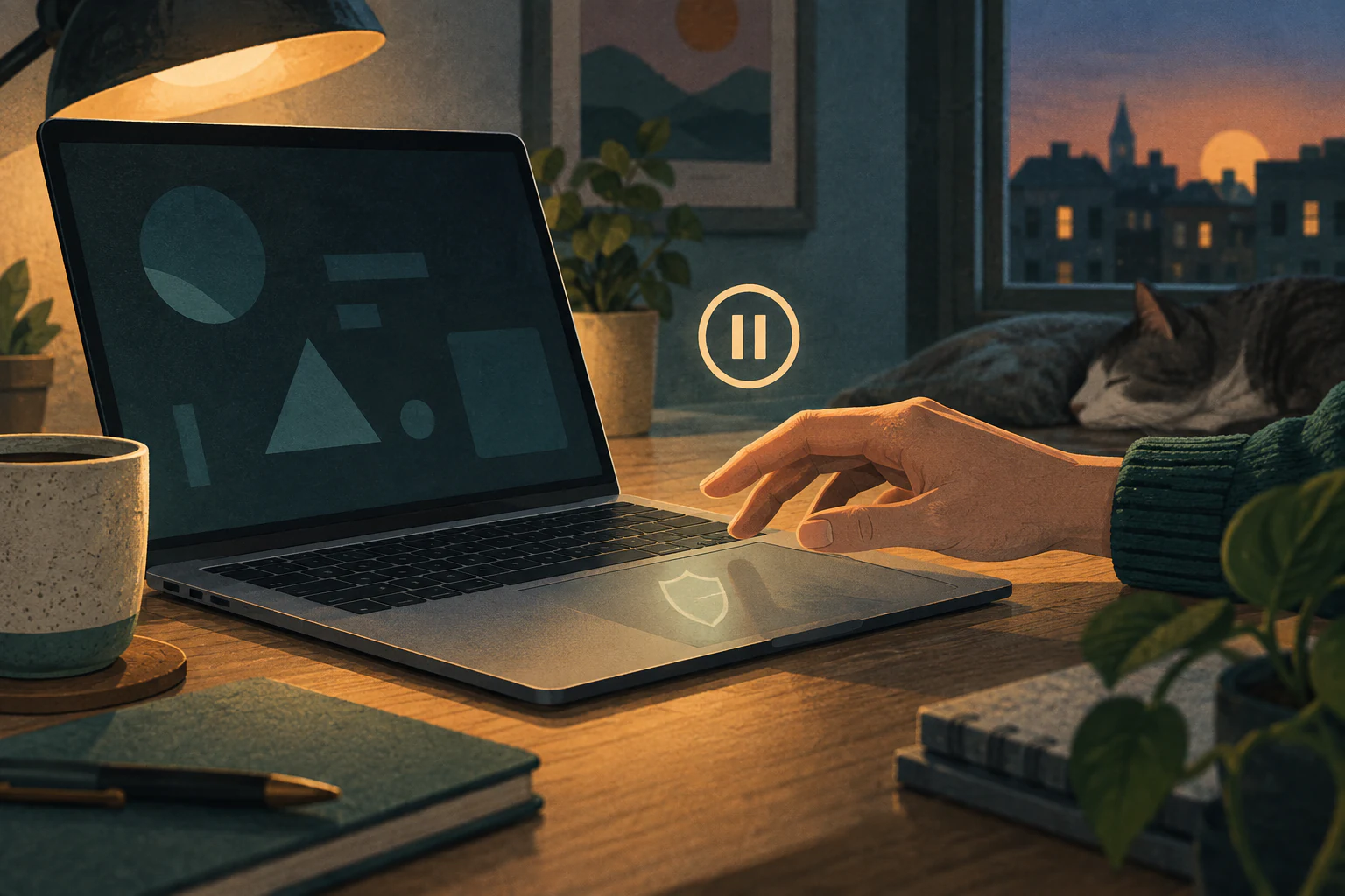 Editorial illustration: pausing before interacting with a wallet on a laptop