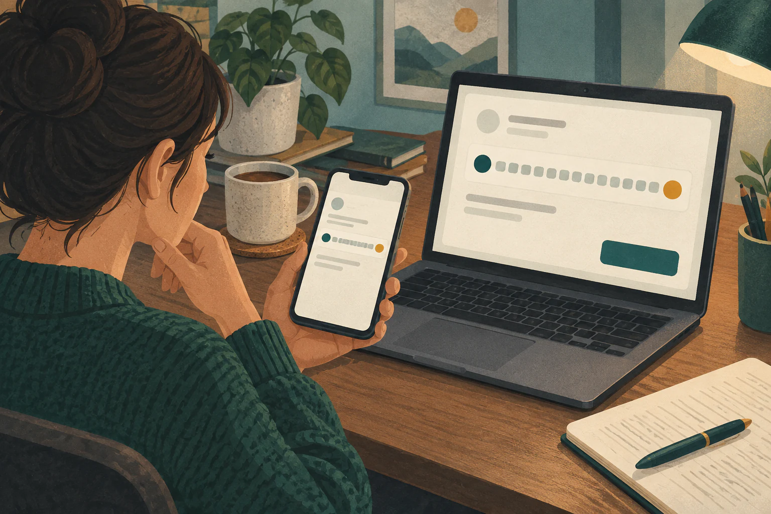 Editorial illustration of a person comparing payment details on a phone and laptop