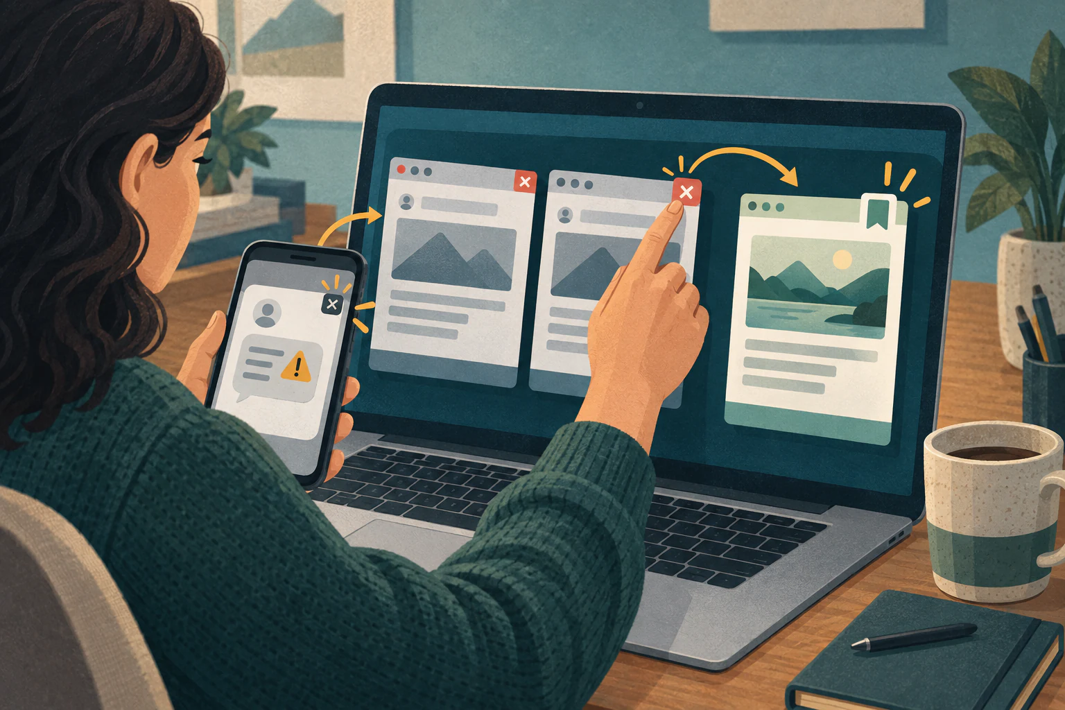 Editorial illustration of a user closing lookalike wallet pages and opening a saved trusted bookmark